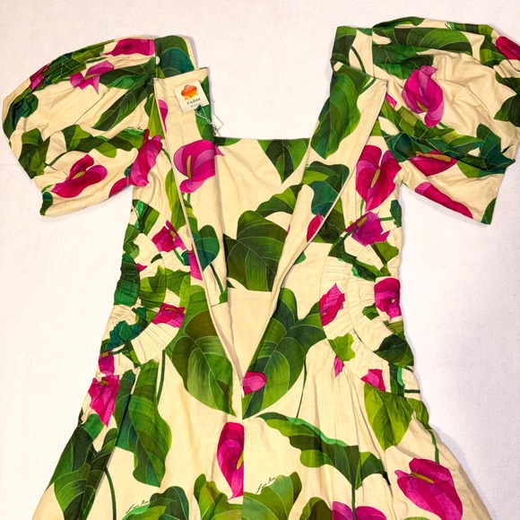 Farm Rio Anthurium Leaves Dress‎ Puff Sleeve Square Neck Linen Blend Size L - Picture 11 of 14